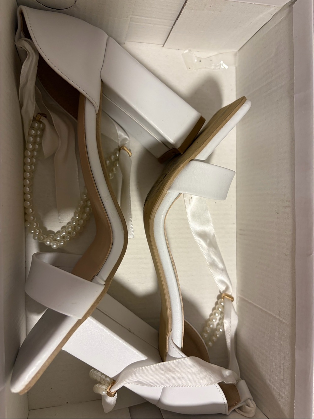 SHEIN White Block Heel Sandals with Pearl Ankle Wrap